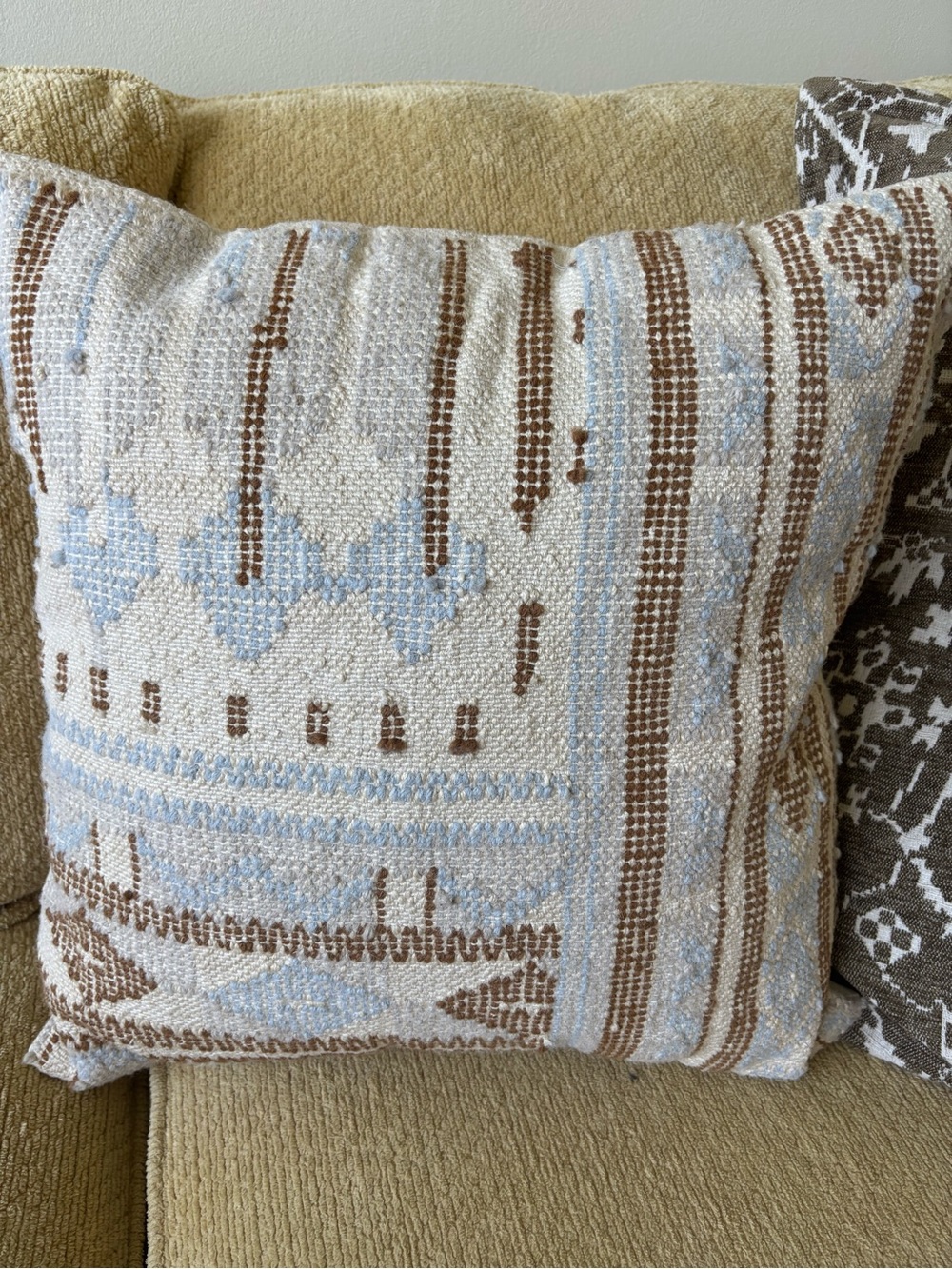 West Elm Cream, Light Blue & Brown Woven Geometric Accent Pillow